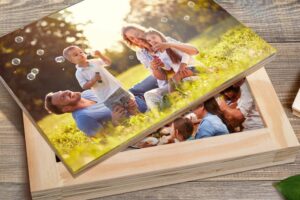 Photograph of family printed onto a wooden boxed frame